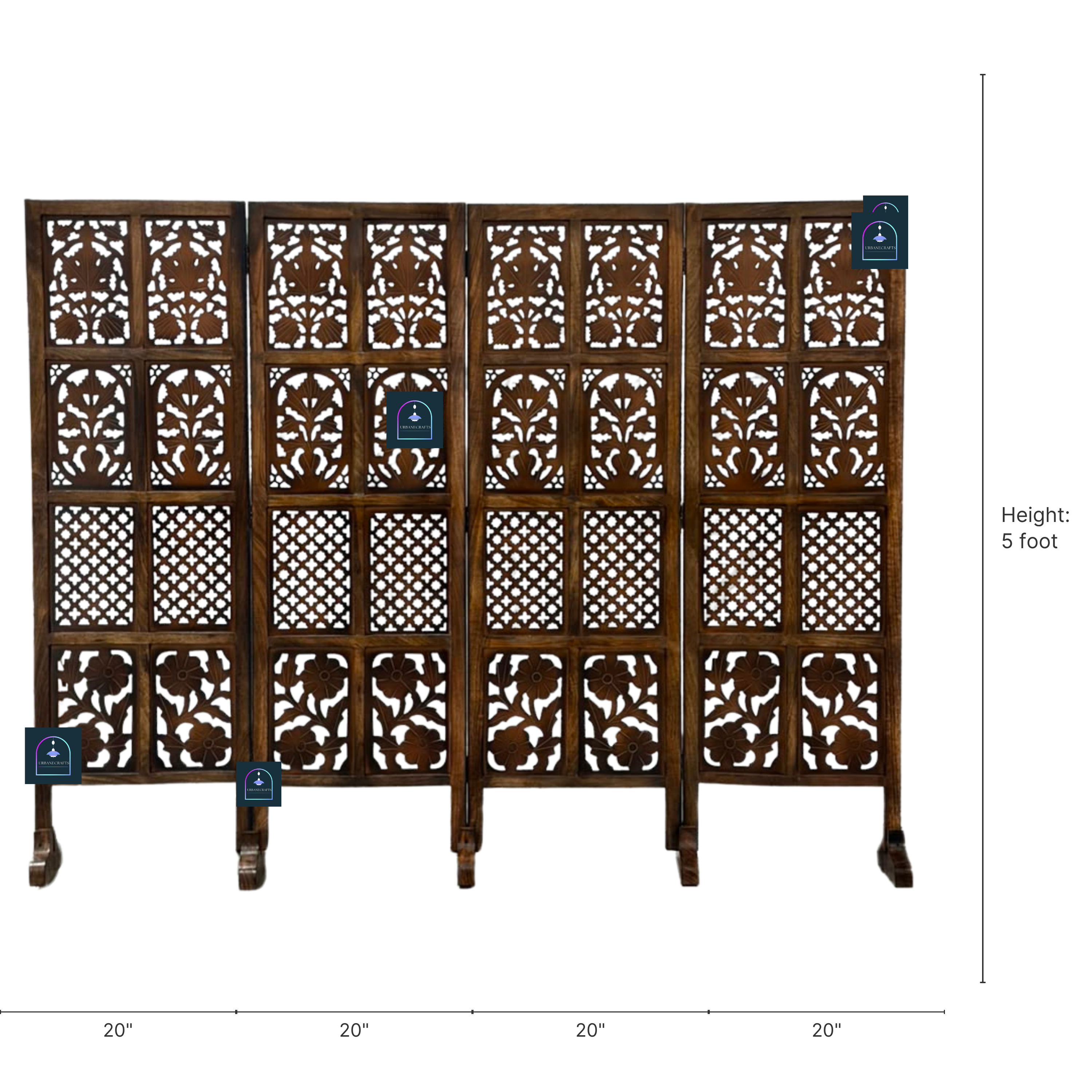 Urbane Crafts Handcrafted 4 Panel Wooden Room Divider (5 Ft Height) – Hand Carved Solid Wood Folding Partition Screen with Support Feet & Privacy Room Separator for Living Room, Home Office & Bedroom