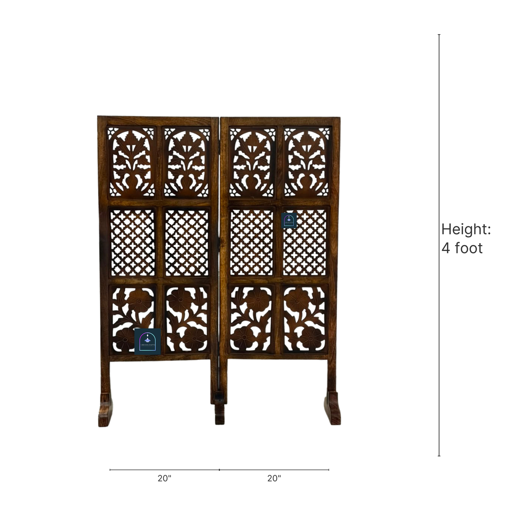 Urbane Crafts Handcrafted 2 Panel Wooden Room Divider (4 Ft Height) – Hand Carved Solid Wood Folding Partition Screen & Low Profile Room Separator for Living Room, Home Office & Compact Spaces