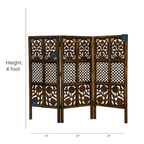 Urbane Crafts Handcrafted 3 Panel Wooden Room Divider (4 Ft Height) – Hand Carved Solid Wood Folding Partition Screen & Low Profile Room Separator for Living Room, Home Office & Bedroom
