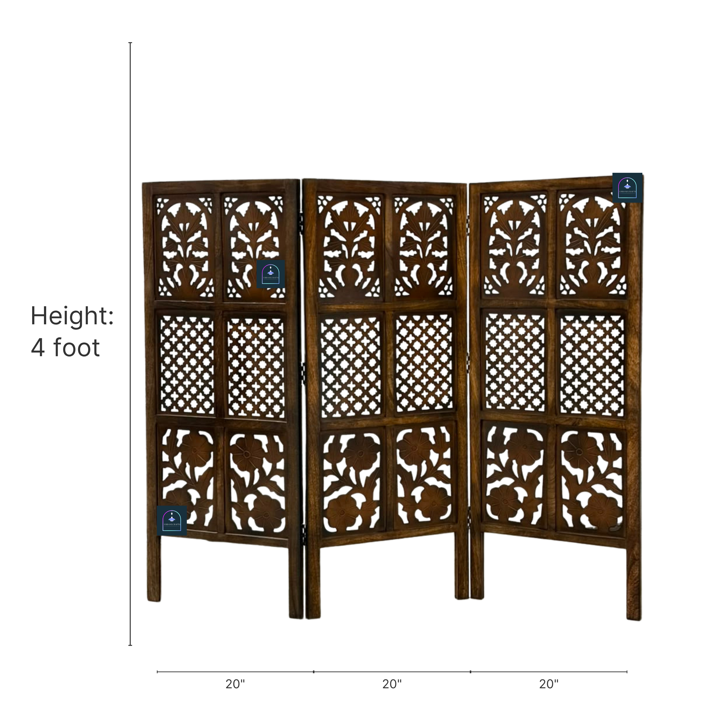 Urbane Crafts Handcrafted 3 Panel Wooden Room Divider (4 Ft Height) – Hand Carved Solid Wood Folding Partition Screen & Low Profile Room Separator for Living Room, Home Office & Bedroom