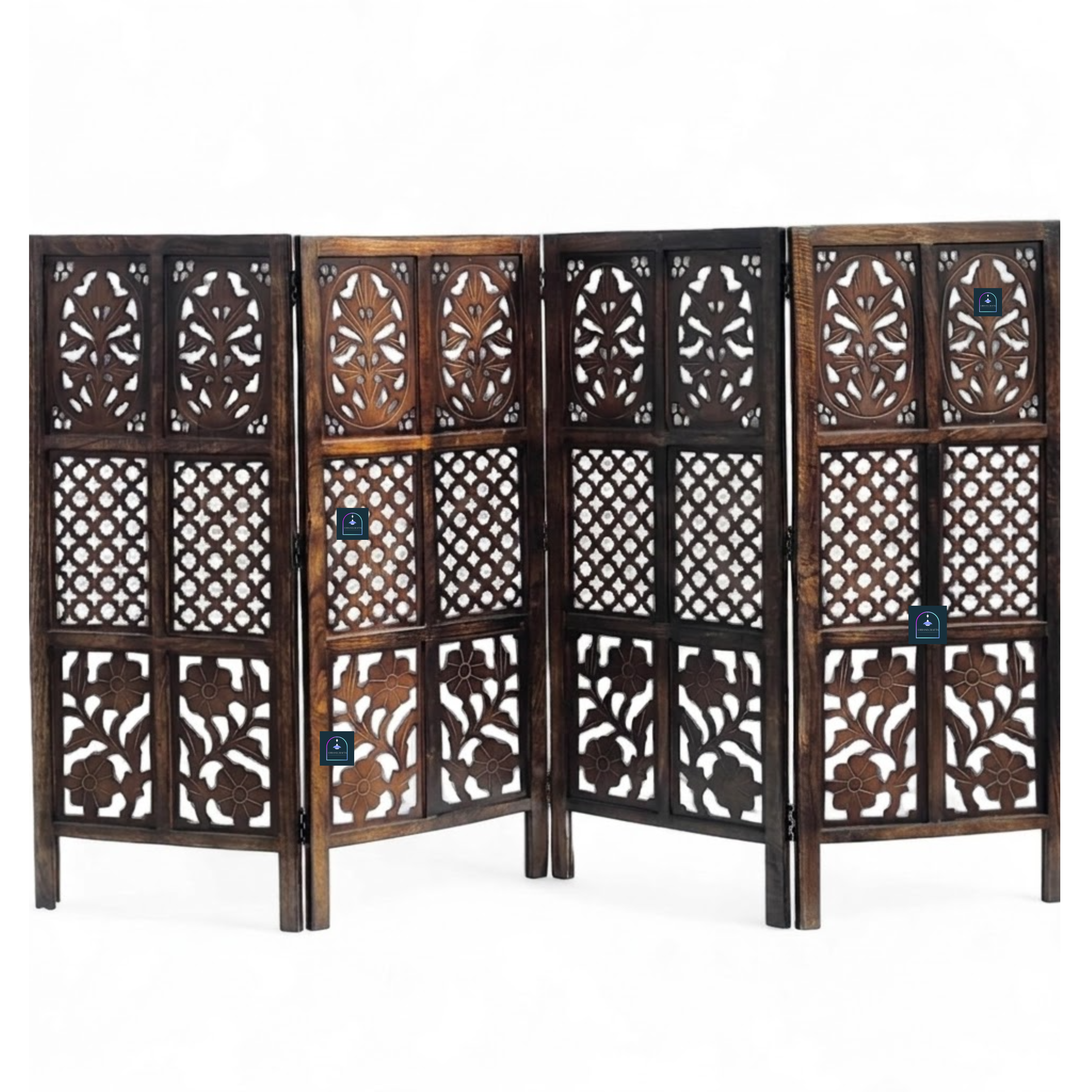 Urbane Crafts Handcrafted 4 Panel Wooden Room Divider (4 Ft Height) – Hand Carved Solid Wood Folding Partition Screen & Low Profile Room Separator for Living Room, Home Office & Bedroom