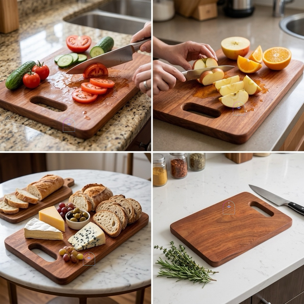 Handcrafted Acacia Wood Heavy-Duty Rectangular Chopping Board | 12x9.5 Inch Wooden Cutting Block with Built-in Grip Handle for Kitchen, Meat, Vegetables & Charcuterie