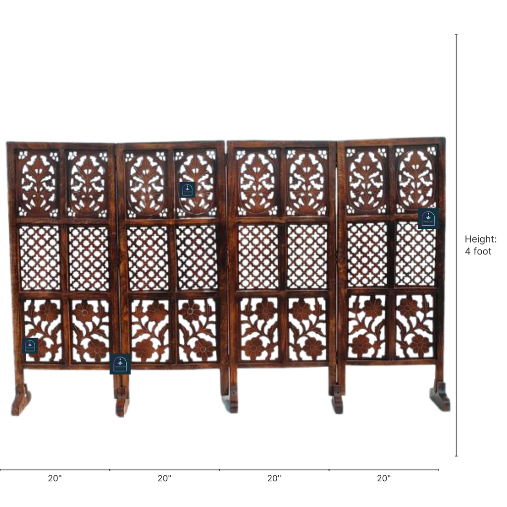 Urbane Crafts Handcrafted 4 Panel Wooden Room Divider (4 Ft Height) – Hand Carved Solid Wood Folding Partition Screen & Low Profile Room Separator for Living Room, Home Office & Bedroom