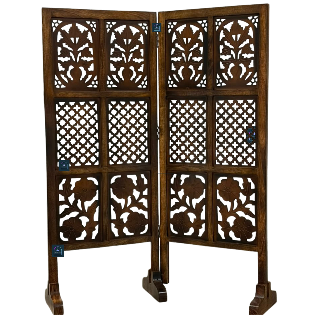 Urbane Crafts Handcrafted 2 Panel Wooden Room Divider (4 Ft Height) – Hand Carved Solid Wood Folding Partition Screen & Low Profile Room Separator for Living Room, Home Office & Compact Spaces