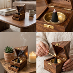 Handcrafted Sheesham Wood Pyramid Dhoop Box with Storage Drawer | 7-Inch Wooden Loban & Sambrani Burner Stand with Removable Brass Dish