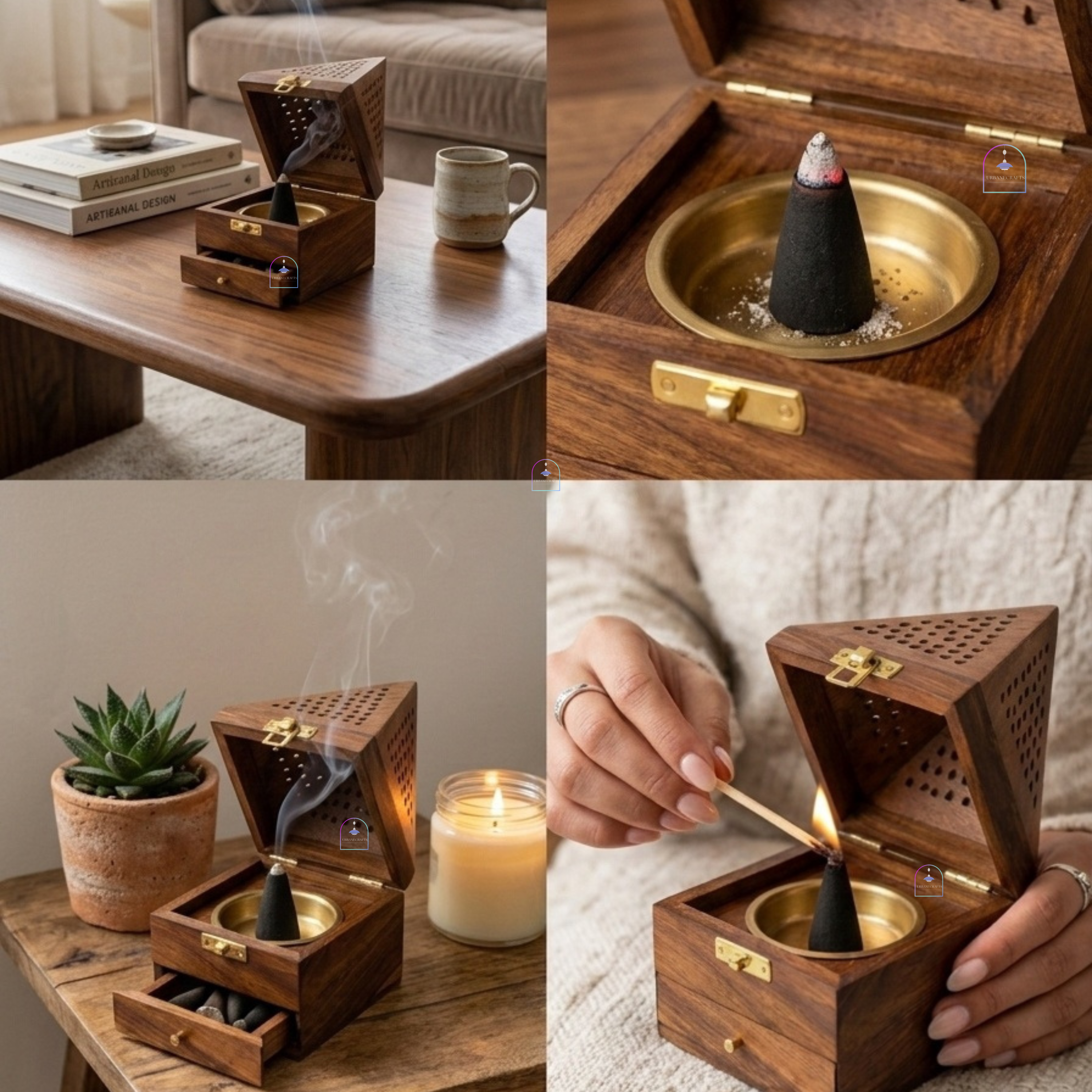 Handcrafted Sheesham Wood Pyramid Dhoop Box with Storage Drawer | 7-Inch Wooden Loban & Sambrani Burner Stand with Removable Brass Dish