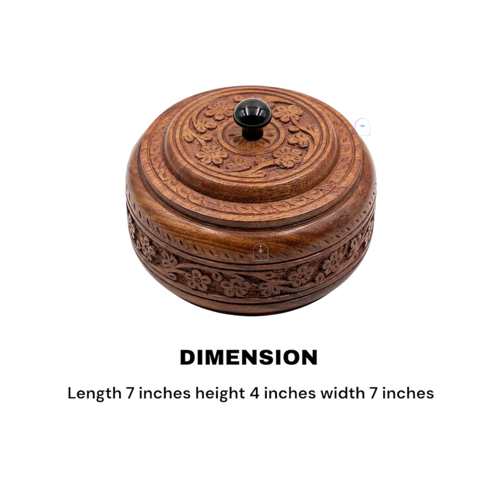 Handcrafted Rosewood Multi-Purpose Spice Box & Dry Fruit Container | 7-Inch Round Wooden Masala Dabba with 4 Removable Compartments & Intricate Floral Carvings
