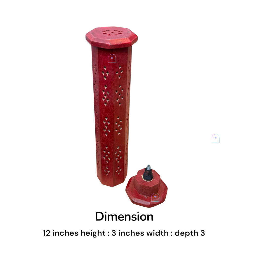Urbane Crafts Handcrafted Mango Wood Hexagonal Tower Incense Burner & Agarbatti Holder | 12-Inch Red Finish Wooden Dhoop & Incense Stick Stand