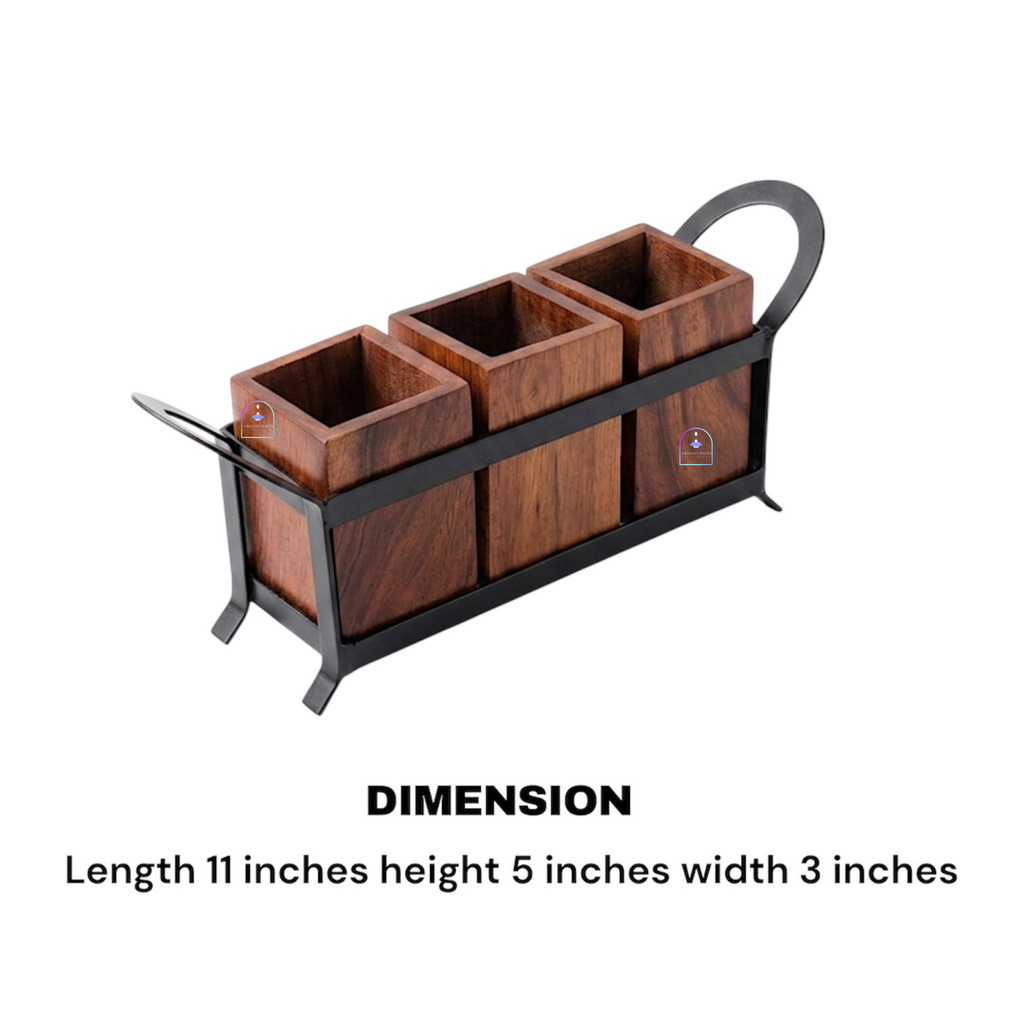 Handcrafted Rosewood and Wrought Iron 3-Canister Storage Set with Stand | 11-Inch Wooden Multi-Purpose Spice Box, Dry Fruit Container & Coffee Bar Station Organizer