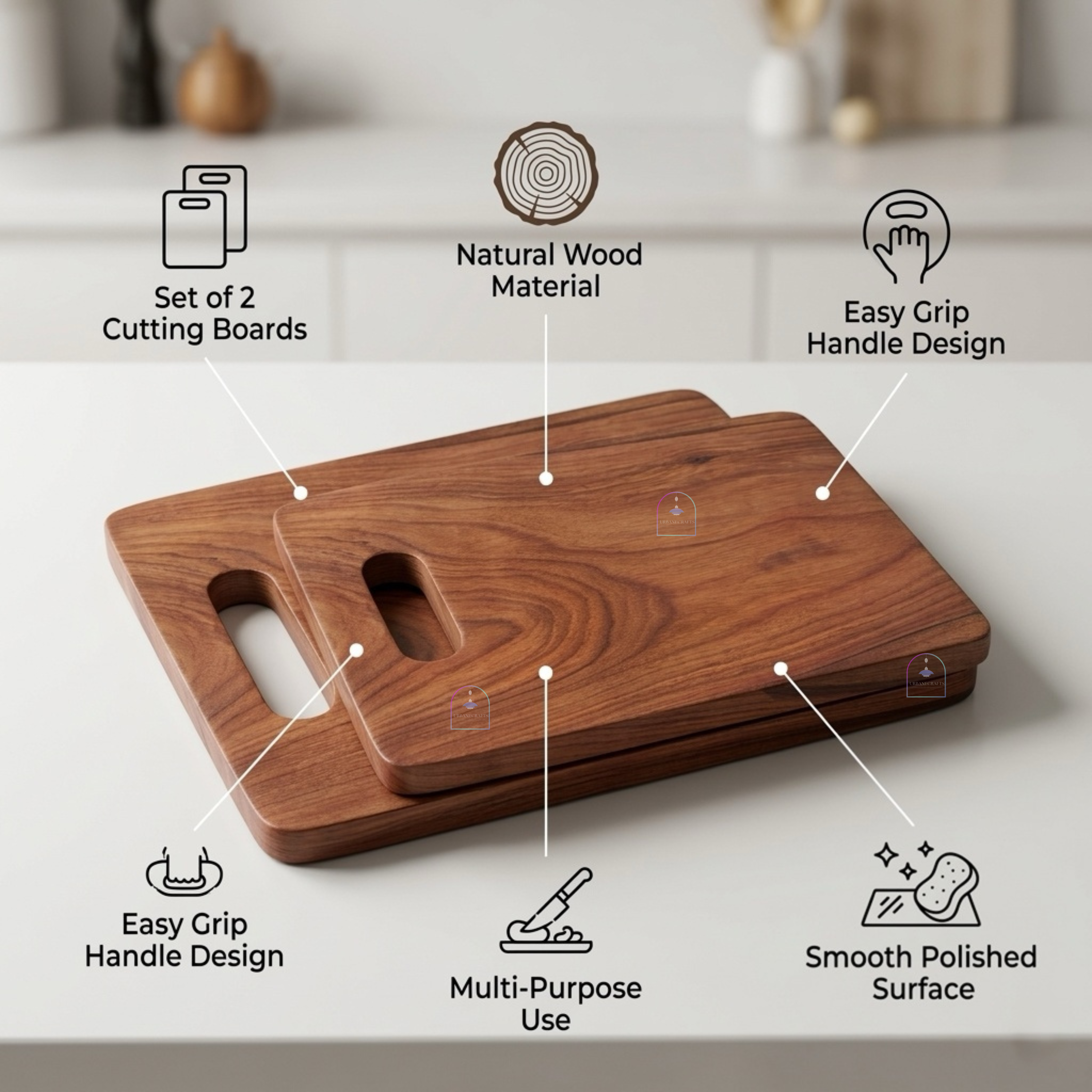 Handcrafted Acacia Wood Rectangular Chopping Board Set of 2 | Heavy-Duty Wooden Cutting Blocks with Built-in Grip Handles (Large & Small Combo) for Kitchen, Meat, Vegetables & Charcuterie