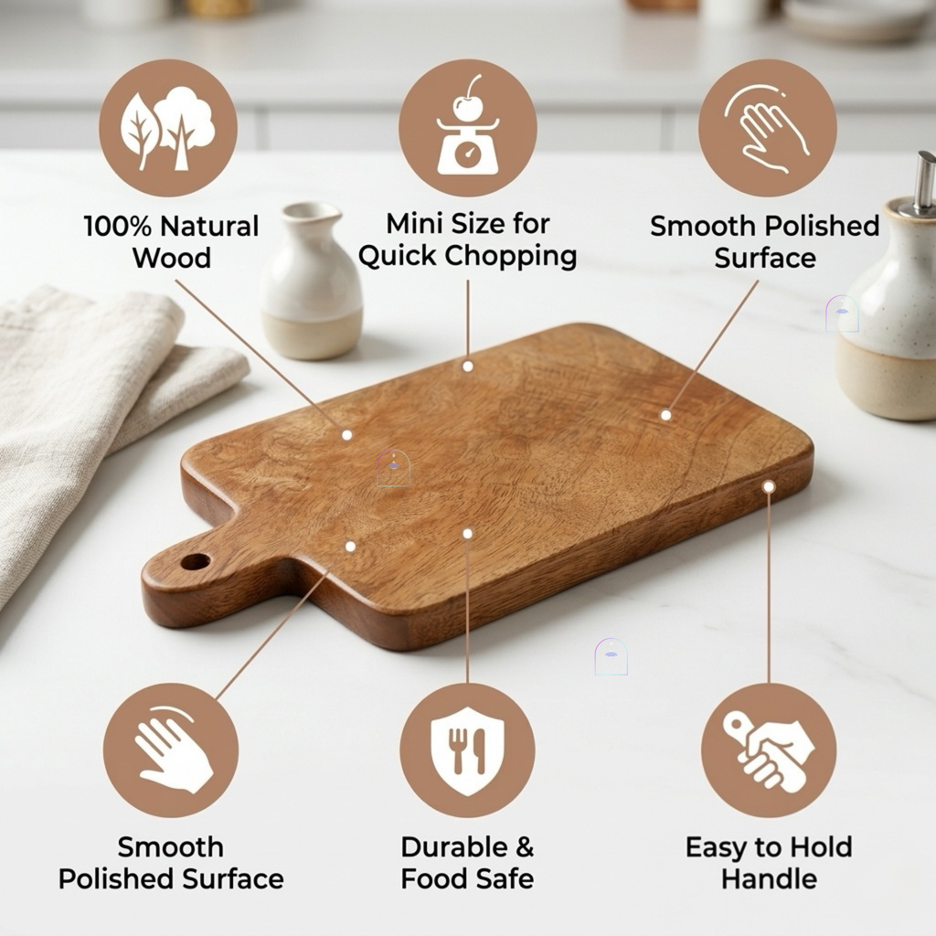 Handcrafted Mango Wood Mini Cutting Board with Handle | 9x5 Inch Decorative Wooden Cheese Board & Serving Platter for Kitchen, Bar, Charcuterie