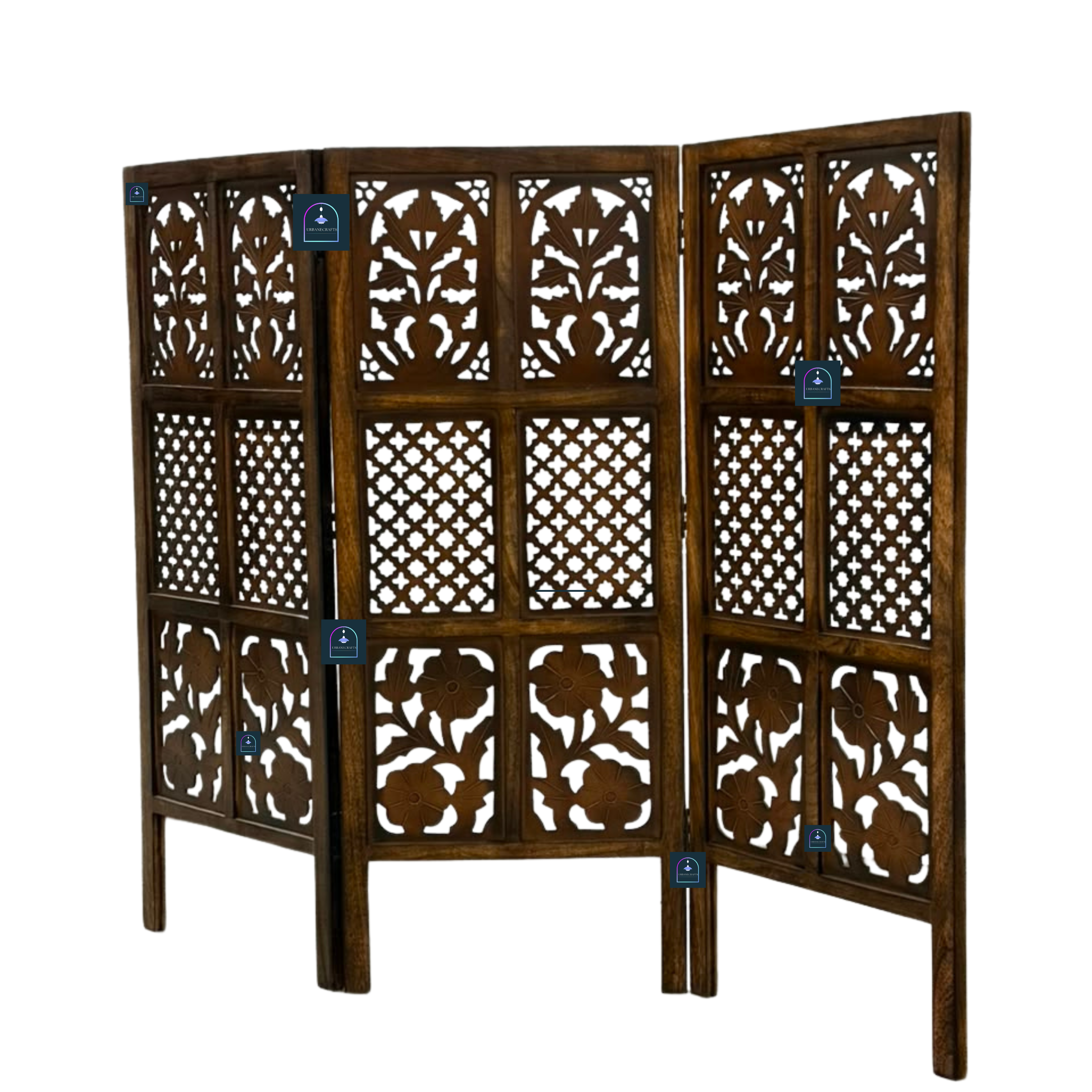 Urbane Crafts Handcrafted 3 Panel Wooden Room Divider (4 Ft Height) – Hand Carved Solid Wood Folding Partition Screen & Low Profile Room Separator for Living Room, Home Office & Bedroom