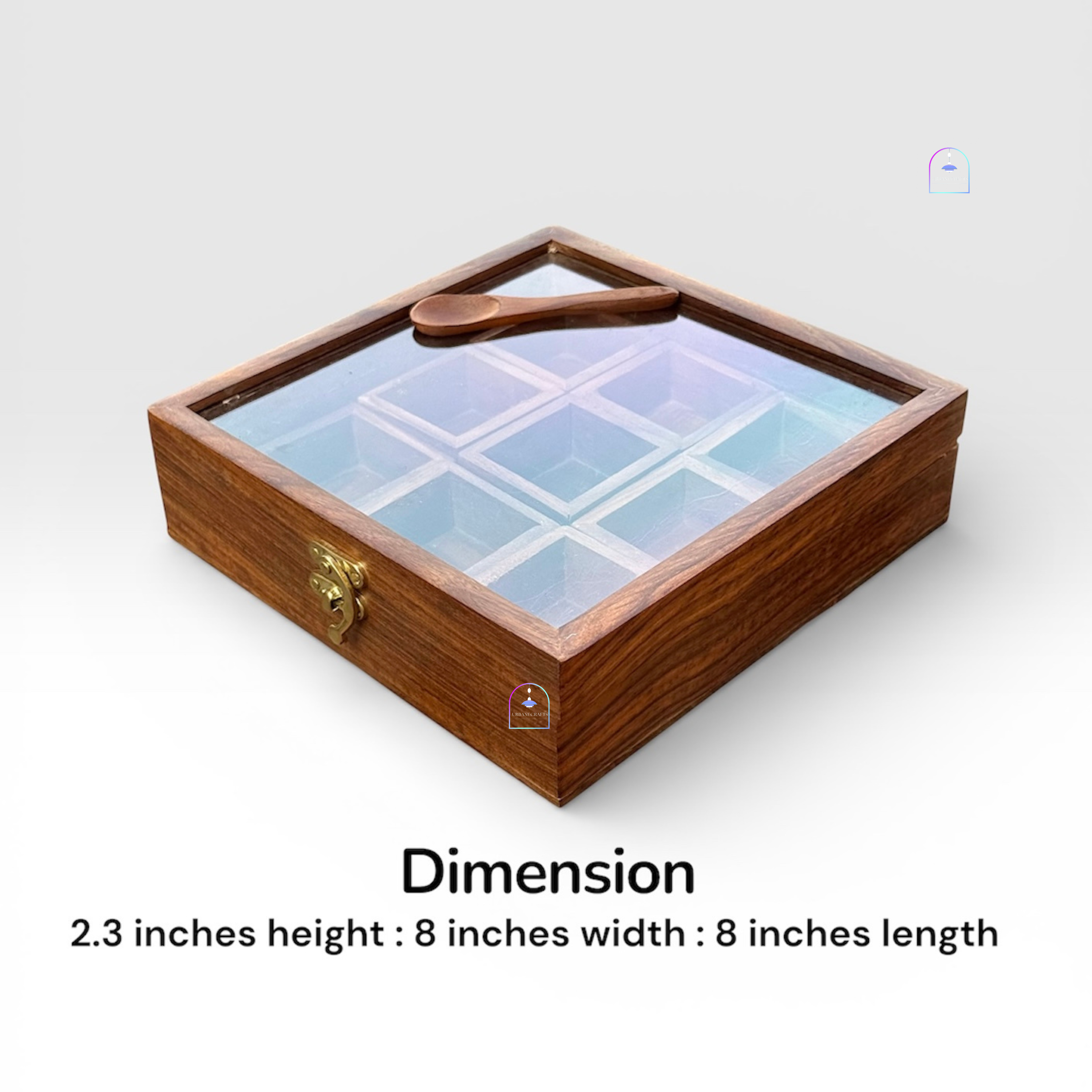 Handcrafted Rosewood Square Spice Box with Glass Lid & Wooden Spoon | 8x8 Inch Indian Masala Dabba with 9 Removable Compartments | Multi-Purpose Dry Fruit & Kitchen Storage Container
