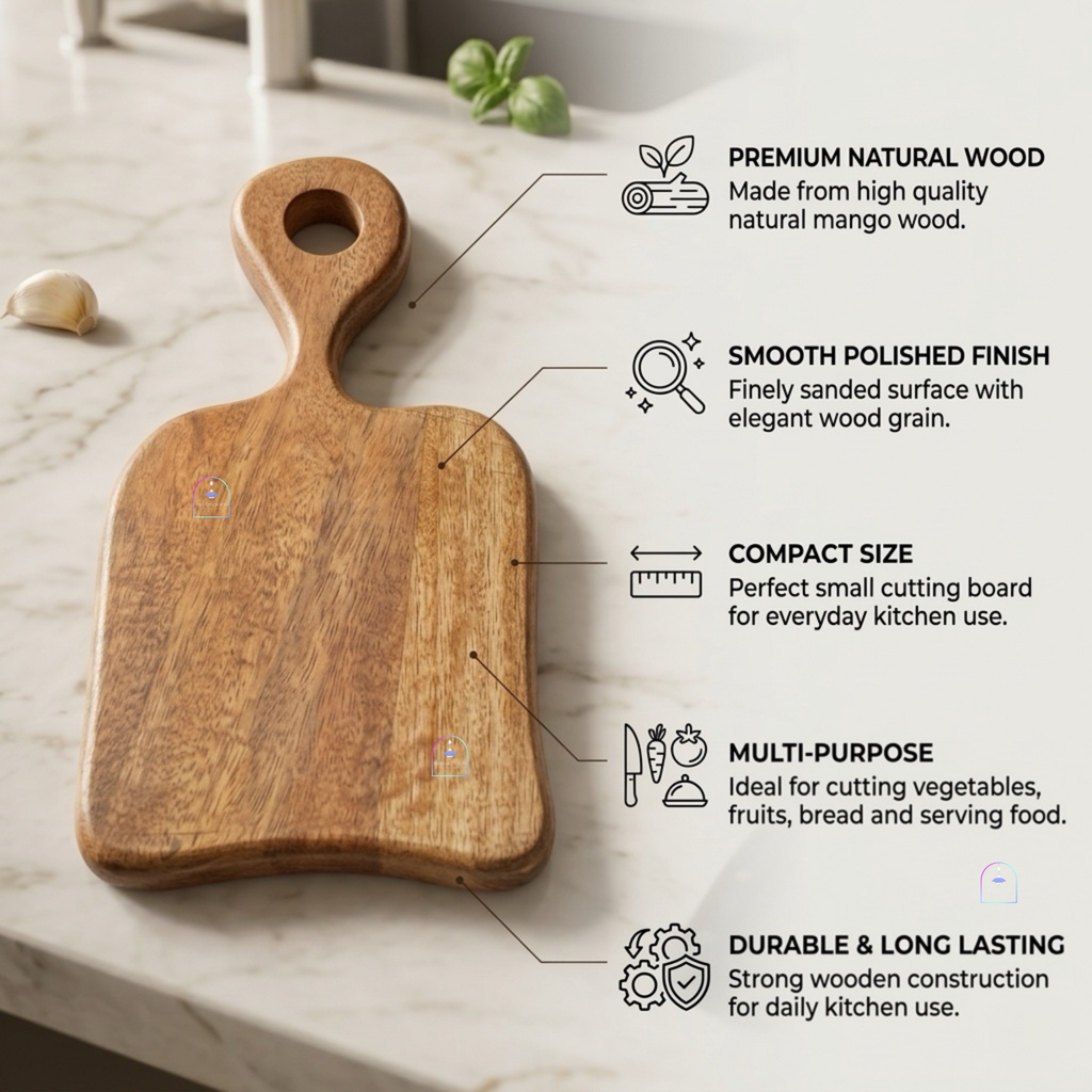 Handcrafted Mango Wood Mini Chopping Board with Easy-Grip Handle | 10x5 Inch Decorative Wooden Cheese Board & Serving Platter for Kitchen, Bar, Charcuterie