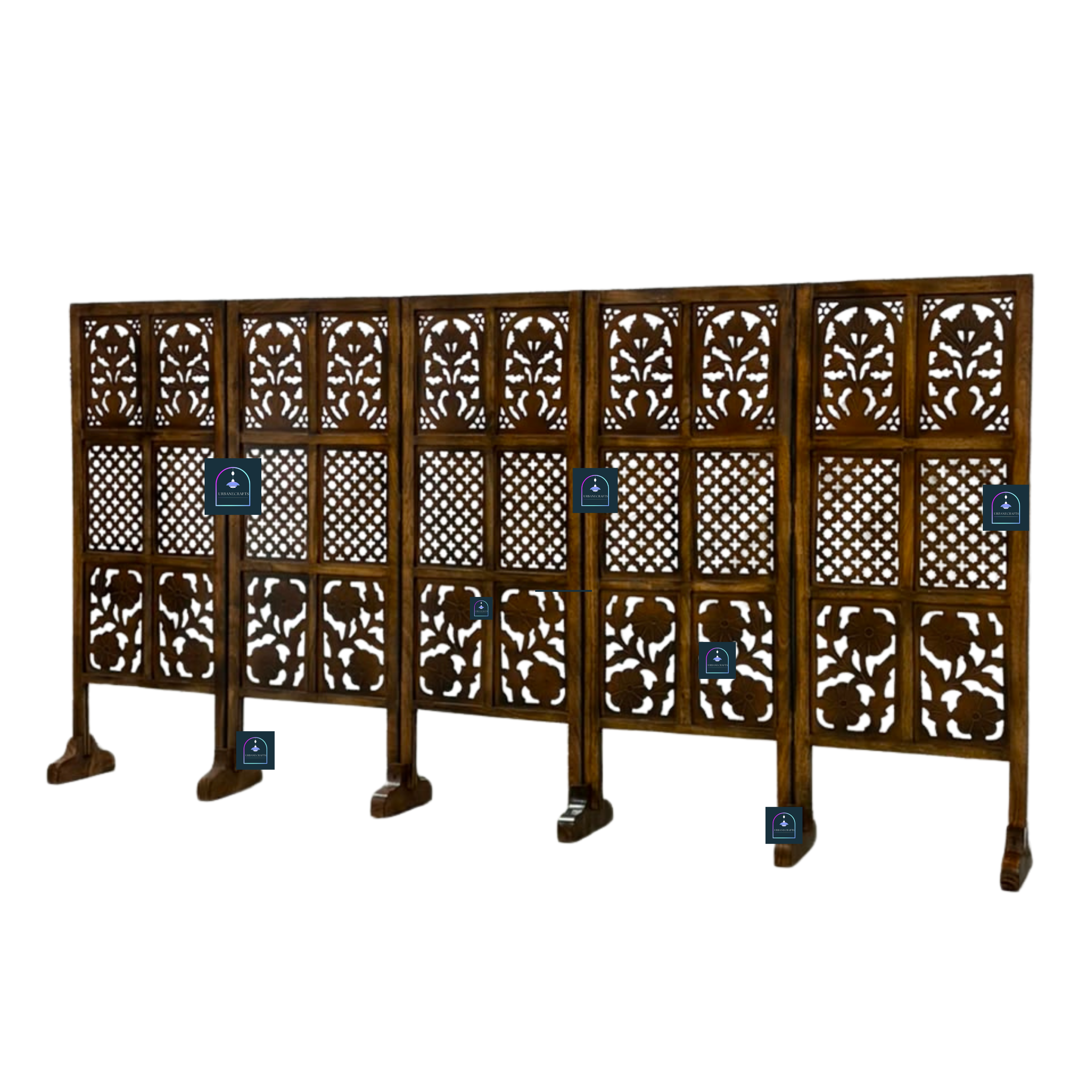 Urbane Crafts Handcrafted 5 Panel Wooden Room Divider (4 Ft Height) – Hand Carved Solid Wood Folding Partition Screen & Low Profile Room Separator for Living Room, Home Office & Bedroom