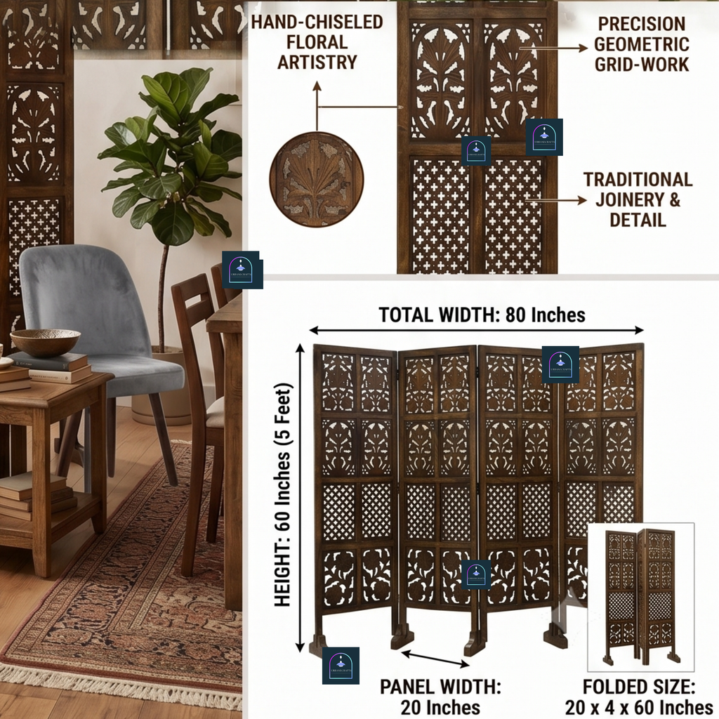 Urbane Crafts Handcrafted 4 Panel Wooden Room Divider (5 Ft Height) – Hand Carved Solid Wood Folding Partition Screen with Support Feet & Privacy Room Separator for Living Room, Home Office & Bedroom