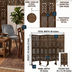 Urbane Crafts Handcrafted 4 Panel Wooden Room Divider (5 Ft Height) – Hand Carved Solid Wood Folding Partition Screen with Support Feet & Privacy Room Separator for Living Room, Home Office & Bedroom