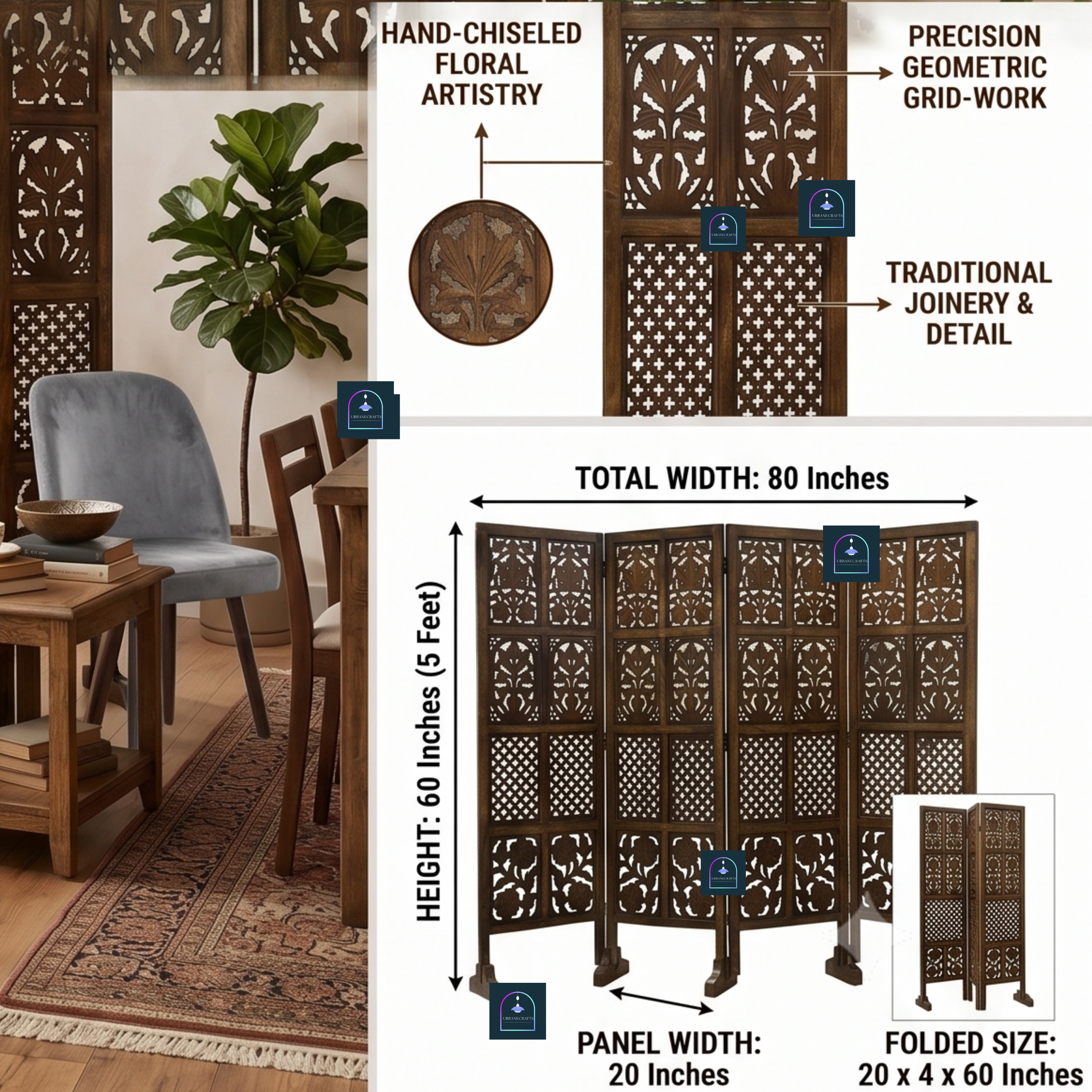 Urbane Crafts Handcrafted 4 Panel Wooden Room Divider (5 Ft Height) – Hand Carved Solid Wood Folding Partition Screen with Support Feet & Privacy Room Separator for Living Room, Home Office & Bedroom