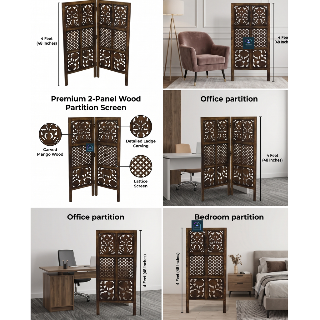 Urbane Crafts Handcrafted 2 Panel Wooden Room Divider (4 Ft Height) – Hand Carved Solid Wood Folding Partition Screen & Low Profile Room Separator for Living Room, Home Office & Compact Spaces