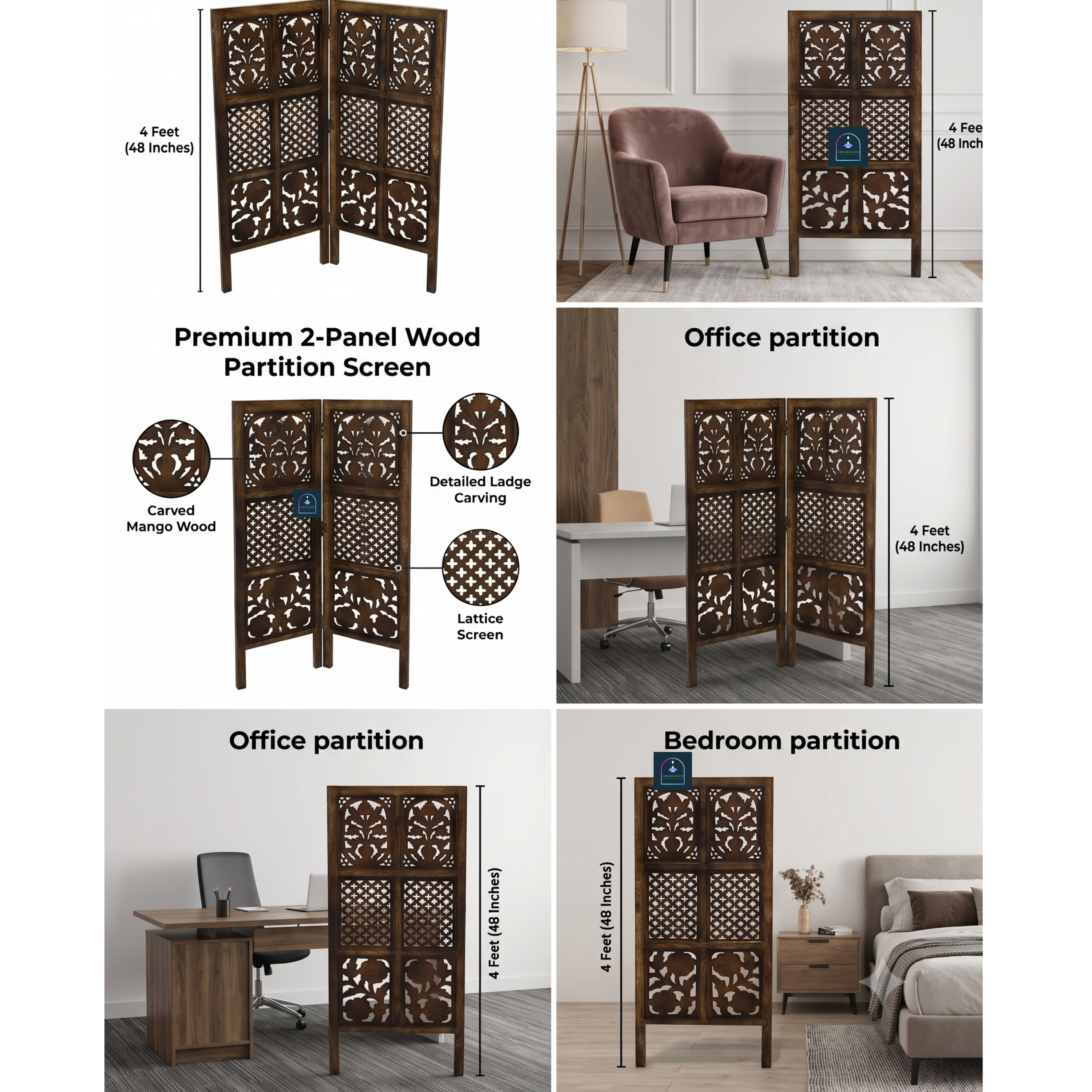 Urbane Crafts Handcrafted 2 Panel Wooden Room Divider (4 Ft Height) – Hand Carved Solid Wood Folding Partition Screen & Low Profile Room Separator for Living Room, Home Office & Compact Spaces