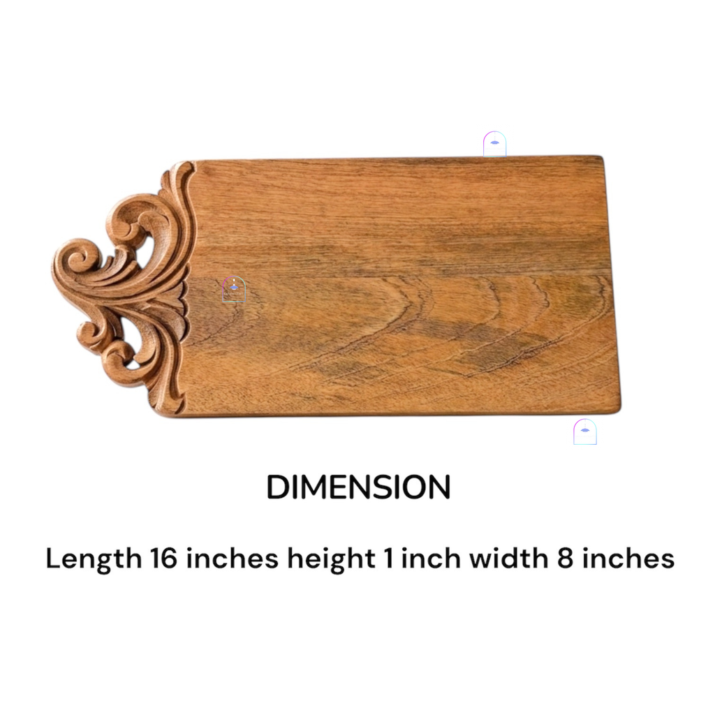 Handcrafted Mango Wood Baroque Carved Chopping Board | 16x8 Inch Luxury Vintage Wooden Cheese Board & Elegant Charcuterie Serving Platter with Ornate Handle