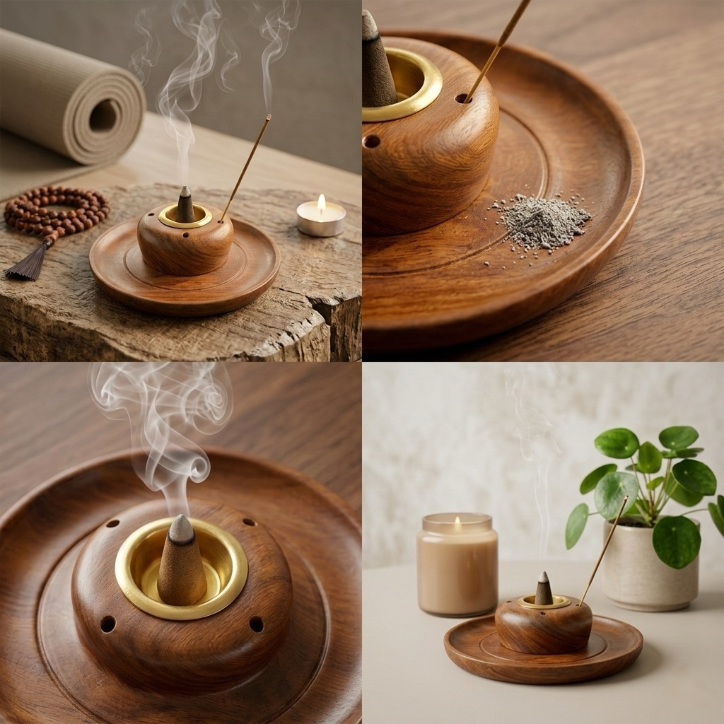 Handcrafted Sheesham Wood Round Incense Plate Holder & Dhoop Cone Stand | Dual Agarbatti Stick & Dhoop Burner with Brass Cup Insert