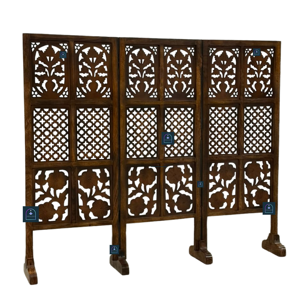Urbane Crafts Handcrafted 3 Panel Wooden Room Divider (4 Ft Height) – Hand Carved Solid Wood Folding Partition Screen & Low Profile Room Separator for Living Room, Home Office & Bedroom
