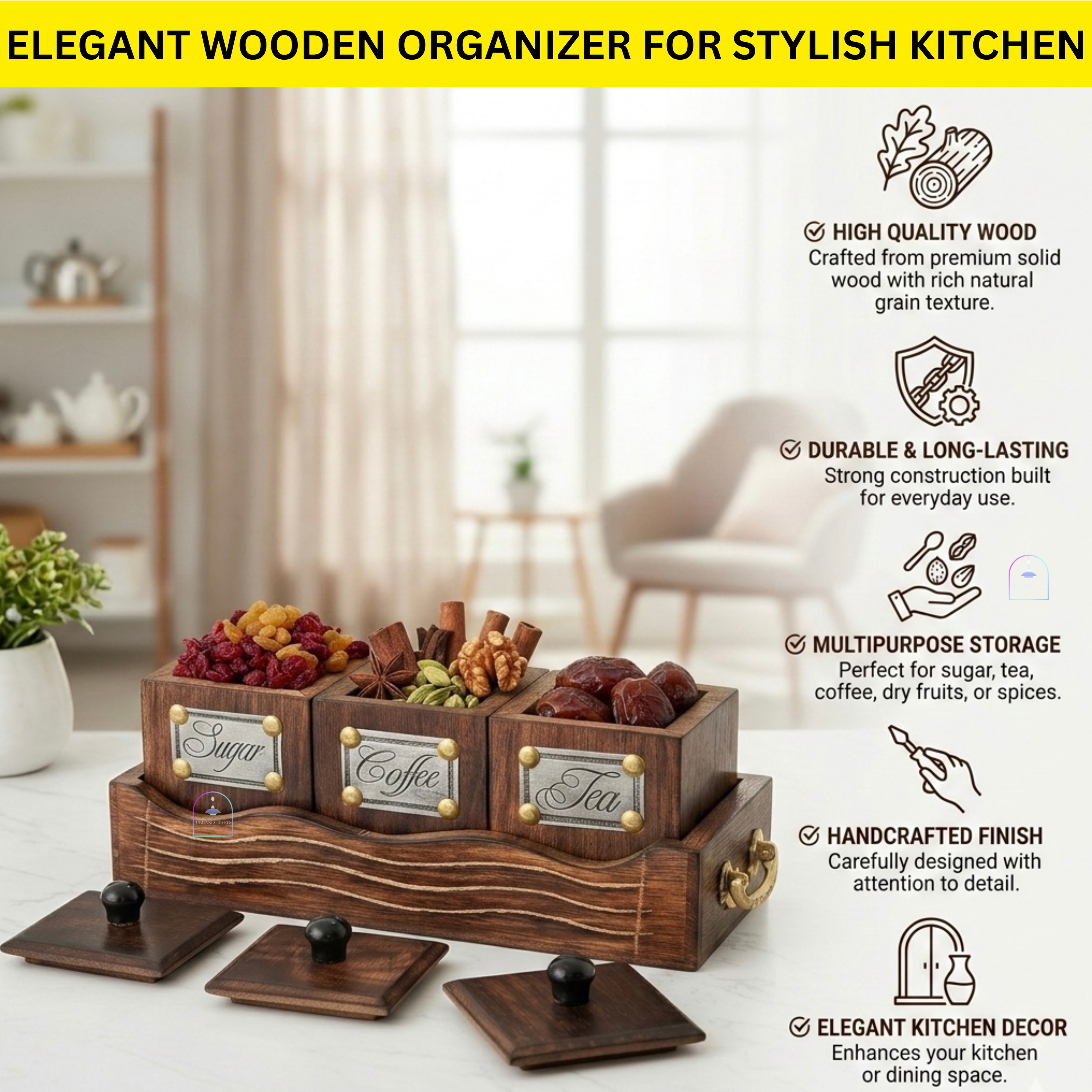 Handcrafted Rosewood Tea Coffee Sugar Container Set with Serving Tray | Rustic 3-Piece Wooden Kitchen Canister Set with Lids & Brass Labels | Vintage Coffee Bar & Kitchen Storage Organizer