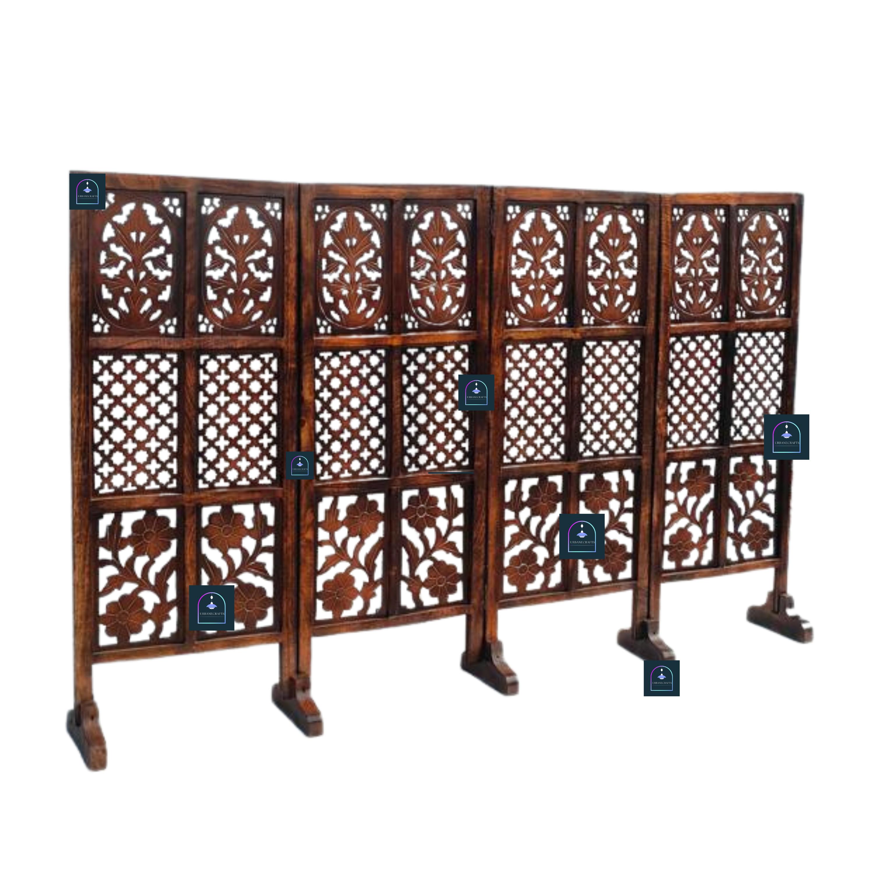Urbane Crafts Handcrafted 4 Panel Wooden Room Divider (4 Ft Height) – Hand Carved Solid Wood Folding Partition Screen & Low Profile Room Separator for Living Room, Home Office & Bedroom
