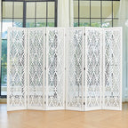 Urbane Crafts 6-Panel Carved Wood Room Divider – 67" Tall Extra Wide Folding Privacy Screen, Antique White