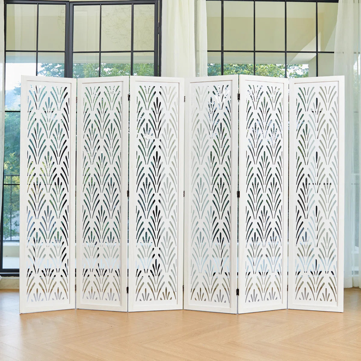 Urbane Crafts 6-Panel Carved Wood Room Divider – 67" Tall Extra Wide Folding Privacy Screen, Antique White