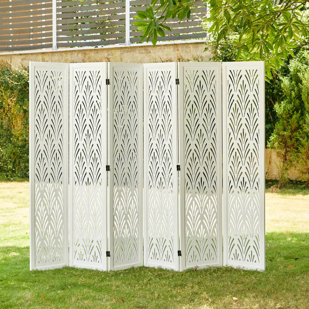 Urbane Crafts 6-Panel Carved Wood Room Divider – 67" Tall Extra Wide Folding Privacy Screen, Antique White