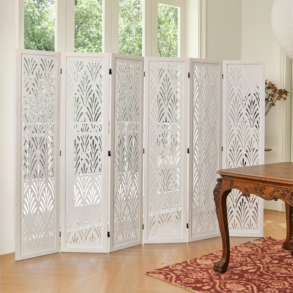 Urbane Crafts 6-Panel Carved Wood Room Divider – 67" Tall Extra Wide Folding Privacy Screen, Antique White