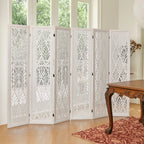 Urbane Crafts 6-Panel Carved Wood Room Divider – 67" Tall Extra Wide Folding Privacy Screen, Antique White