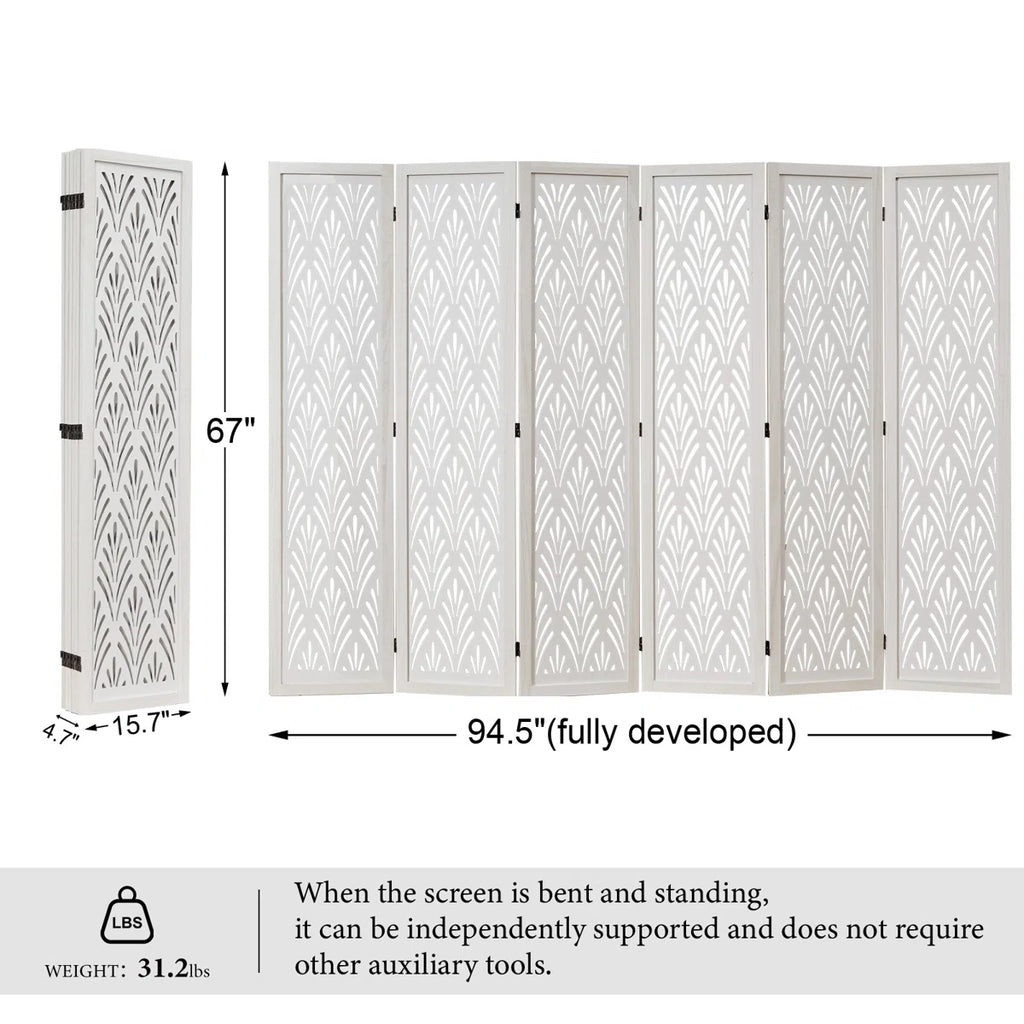 Urbane Crafts 6-Panel Carved Wood Room Divider – 67" Tall Extra Wide Folding Privacy Screen, Antique White