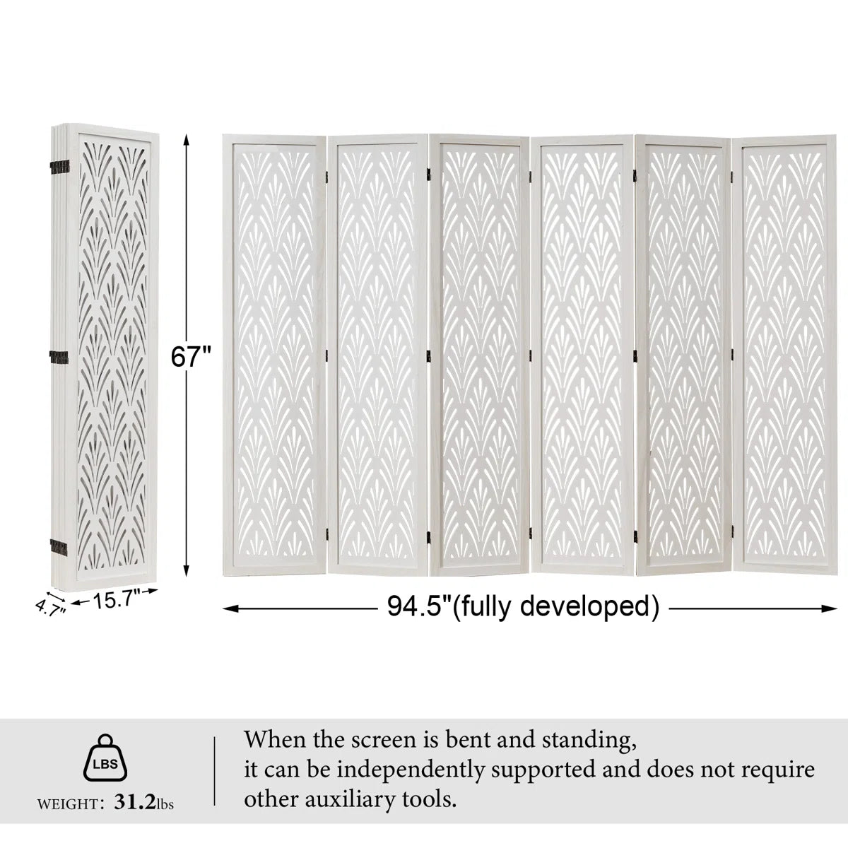 Urbane Crafts 6-Panel Carved Wood Room Divider – 67" Tall Extra Wide Folding Privacy Screen, Antique White