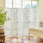 Urbane Crafts 6-Panel Carved Wood Room Divider – 67" Tall Extra Wide Folding Privacy Screen, Antique White