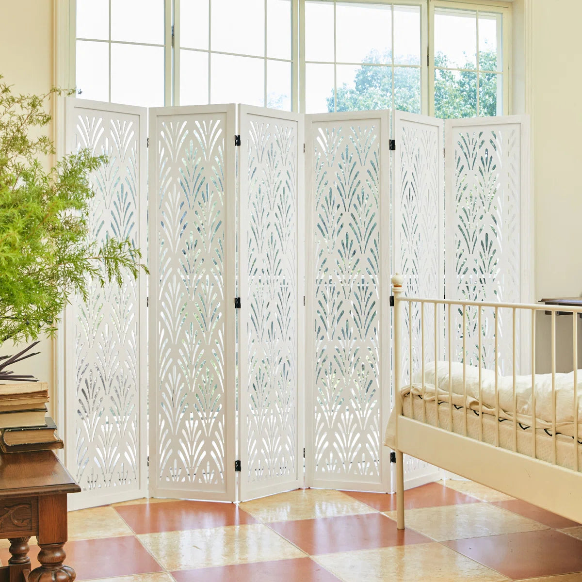 Urbane Crafts 6-Panel Carved Wood Room Divider – 67" Tall Extra Wide Folding Privacy Screen, Antique White