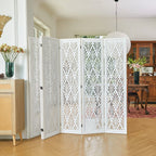 Urbane Crafts 6-Panel Carved Wood Room Divider – 67" Tall Extra Wide Folding Privacy Screen, Antique White