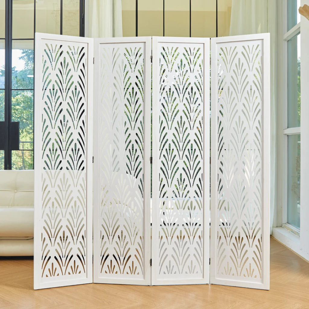 Urbane Crafts 4-Panel Carved Leaf Wood Room Divider, 67" H Freestanding Folding Privacy Screen, Off-White Wooden Wall Partition for Home Office & Bedroom