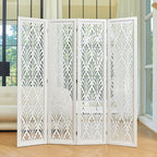 Urbane Crafts 4-Panel Carved Leaf Wood Room Divider, 67" H Freestanding Folding Privacy Screen, Off-White Wooden Wall Partition for Home Office & Bedroom