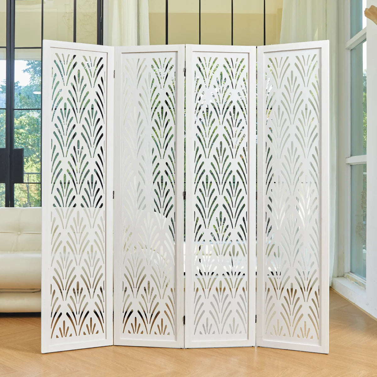 Urbane Crafts 4-Panel Carved Leaf Wood Room Divider, 67" H Freestanding Folding Privacy Screen, Off-White Wooden Wall Partition for Home Office & Bedroom