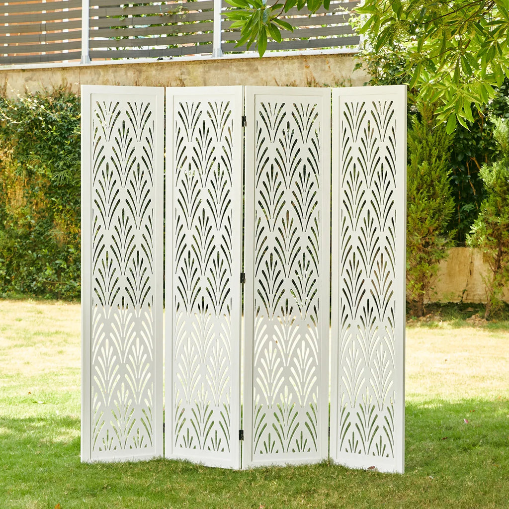 Urbane Crafts 4-Panel Carved Leaf Wood Room Divider, 67" H Freestanding Folding Privacy Screen, Off-White Wooden Wall Partition for Home Office & Bedroom