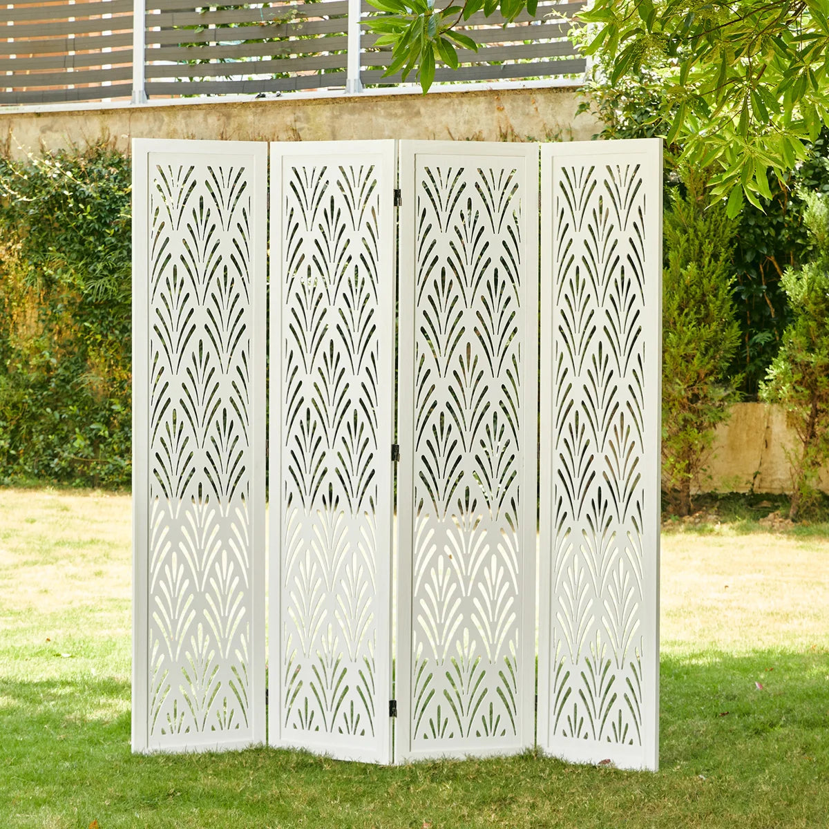 Urbane Crafts 4-Panel Carved Leaf Wood Room Divider, 67" H Freestanding Folding Privacy Screen, Off-White Wooden Wall Partition for Home Office & Bedroom