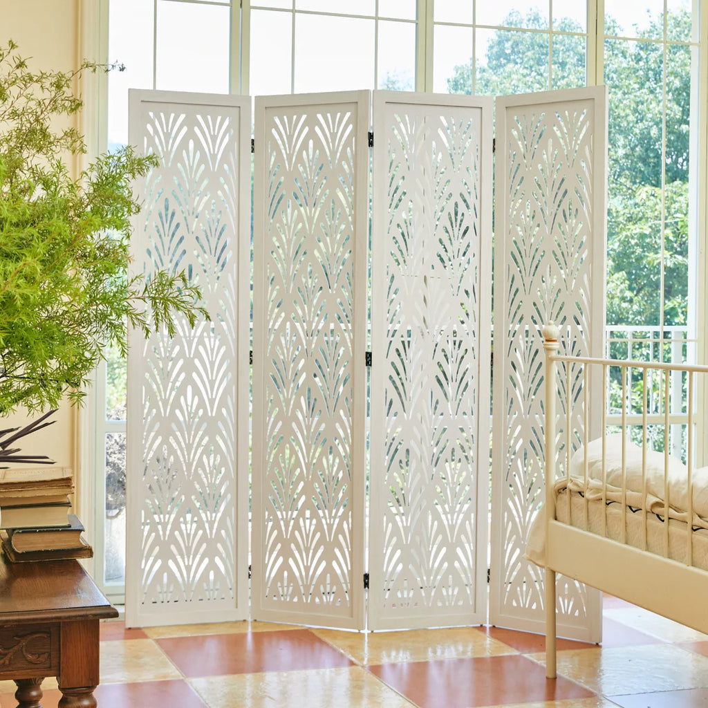 Urbane Crafts 4-Panel Carved Leaf Wood Room Divider, 67" H Freestanding Folding Privacy Screen, Off-White Wooden Wall Partition for Home Office & Bedroom