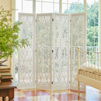 Urbane Crafts 4-Panel Carved Leaf Wood Room Divider, 67" H Freestanding Folding Privacy Screen, Off-White Wooden Wall Partition for Home Office & Bedroom