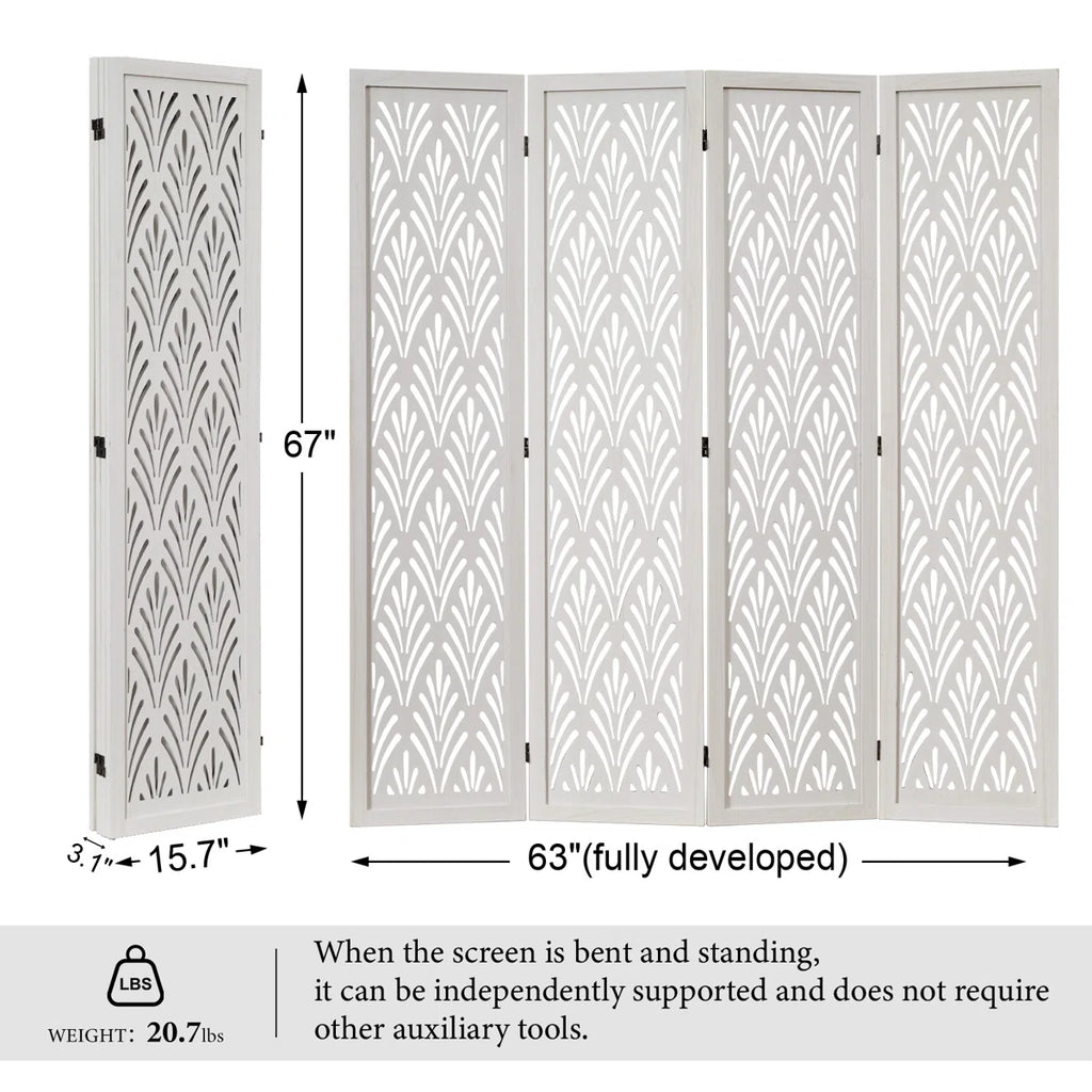 Urbane Crafts 4-Panel Carved Leaf Wood Room Divider, 67" H Freestanding Folding Privacy Screen, Off-White Wooden Wall Partition for Home Office & Bedroom