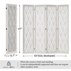 Urbane Crafts 4-Panel Carved Leaf Wood Room Divider, 67" H Freestanding Folding Privacy Screen, Off-White Wooden Wall Partition for Home Office & Bedroom