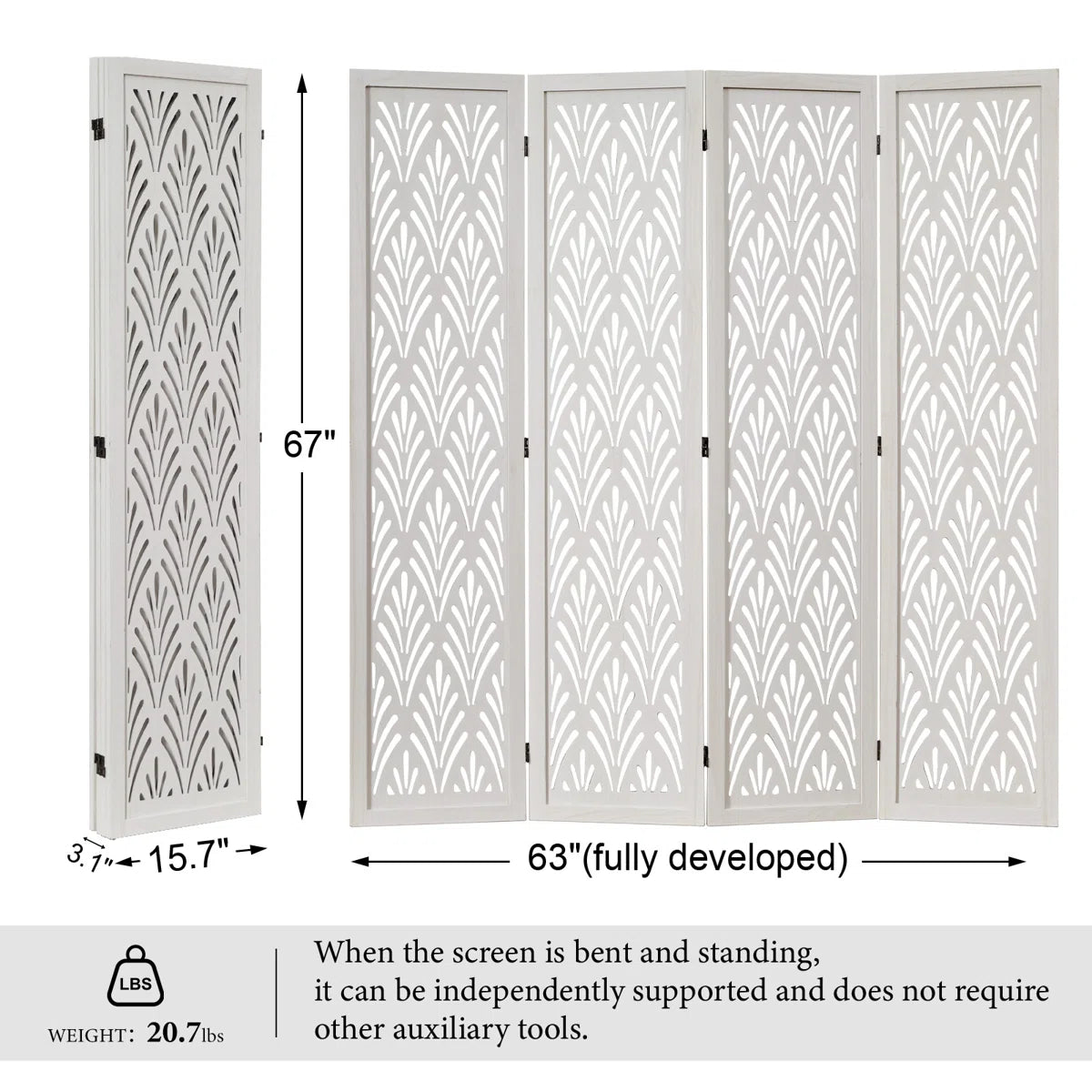 Urbane Crafts 4-Panel Carved Leaf Wood Room Divider, 67" H Freestanding Folding Privacy Screen, Off-White Wooden Wall Partition for Home Office & Bedroom