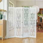 Urbane Crafts 4-Panel Carved Leaf Wood Room Divider, 67" H Freestanding Folding Privacy Screen, Off-White Wooden Wall Partition for Home Office & Bedroom